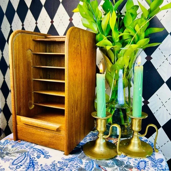 Teak Tambour Door Vintage Desktop Organizer| Recipe Card or Letter Holder - Picture 10 of 17